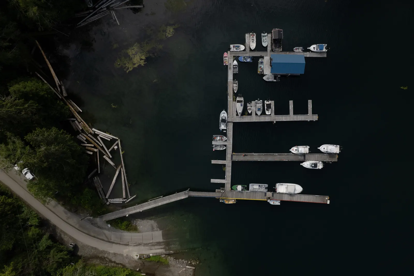 Aerial view of the Port Desire moorage docks, boat launch and parking